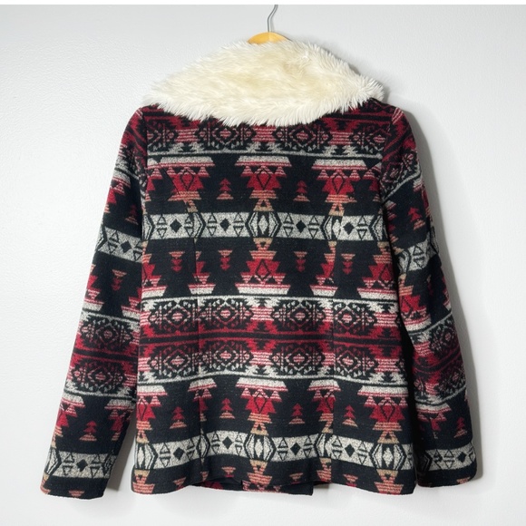 Ella Moss Anthropologie Coat Southwestern Motif Faux Fur Collar Winter Black - Picture 2 of 16